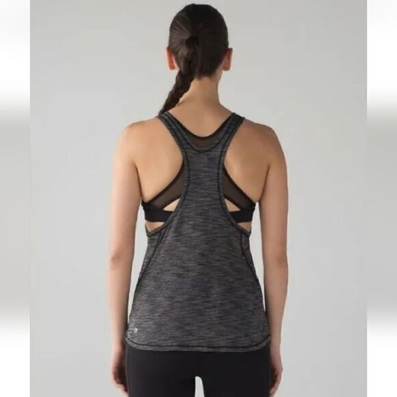 Lululemon Top Glide Stride Tank Sports Built-in Bra Racerback Black Gray Mesh 6 - Picture 2 of 10
